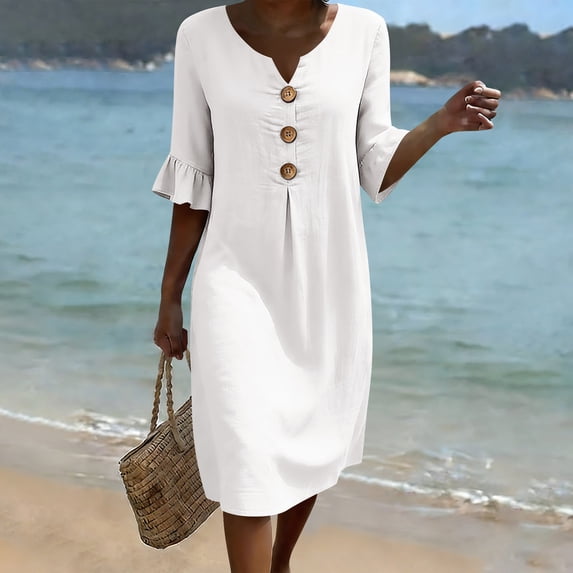 ClodeEU Women's V Neck Button Ruff Short Sleeve Midi Dress,Solid Color Casual Summer Dress White,Women's Plus S