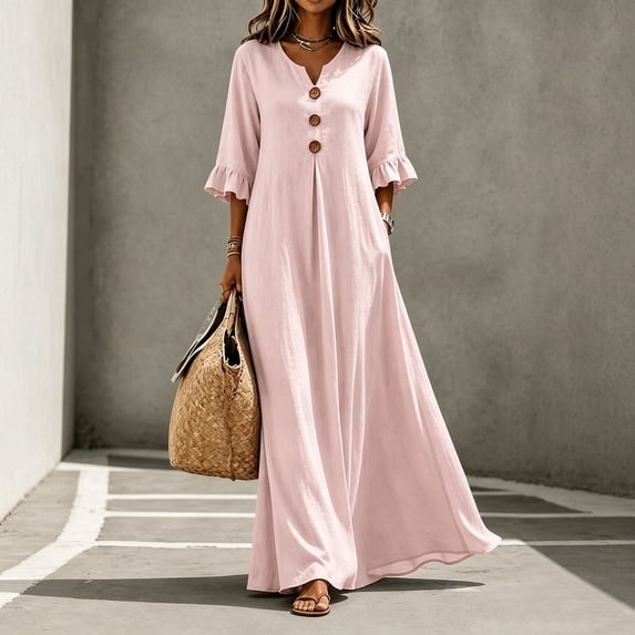 ClodeEU Women's V Neck Button Ruffle 3/4 Sleeve Maxi Dress with Pockets,Summer Casual Loose Flowy A Line Dress Pink,Women's Plus M