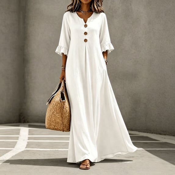 ClodeEU Women's V Neck Button Ruffle 3/4 Sleeve Maxi Dress with Pockets,Summer Casual Loose Flowy A Line Dress White,Women's Plus M