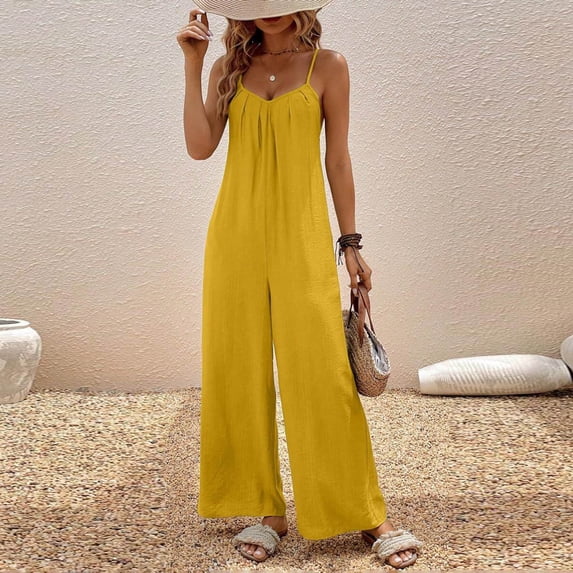 ClodeEU Women's V Neck Button Sleeveless Wide Leg Jumpsuit with Pockets ,Solid Color Casual Long Romper Yellow,Womens Plus XXL