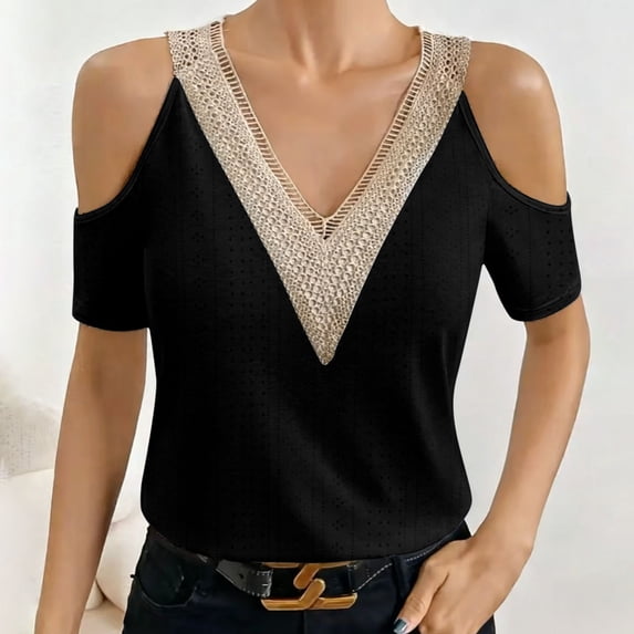 ClodeEU Women's V Neck Cold Shoulder Short Sleeve Top with Contrast Trim, Casual Solid Color Blouse Black,Women's Plus M