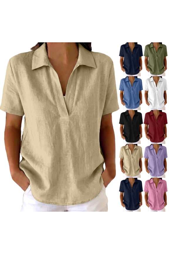 Women's V Neck Collared Short Sleeve Shirt,Casual Loose Fit Blouse Army Green,Women's Plus S