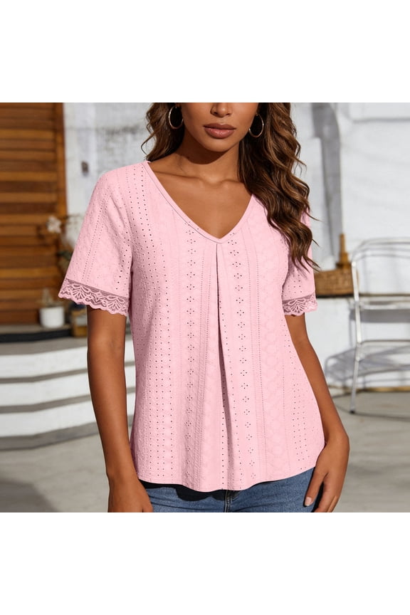 Women's V Neck Crochet Lace Patchwork Short Sleeve Top ,Solid Color Casual Summer Blouse Pink,Women's Plus L