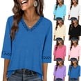 thumbnail image 1 of ClodeEU Women's V Neck Elbow Sleeve Blouse,Casual Loose Fit Solid Color Top Watermelon Red,Women's Plus M, 1 of 7
