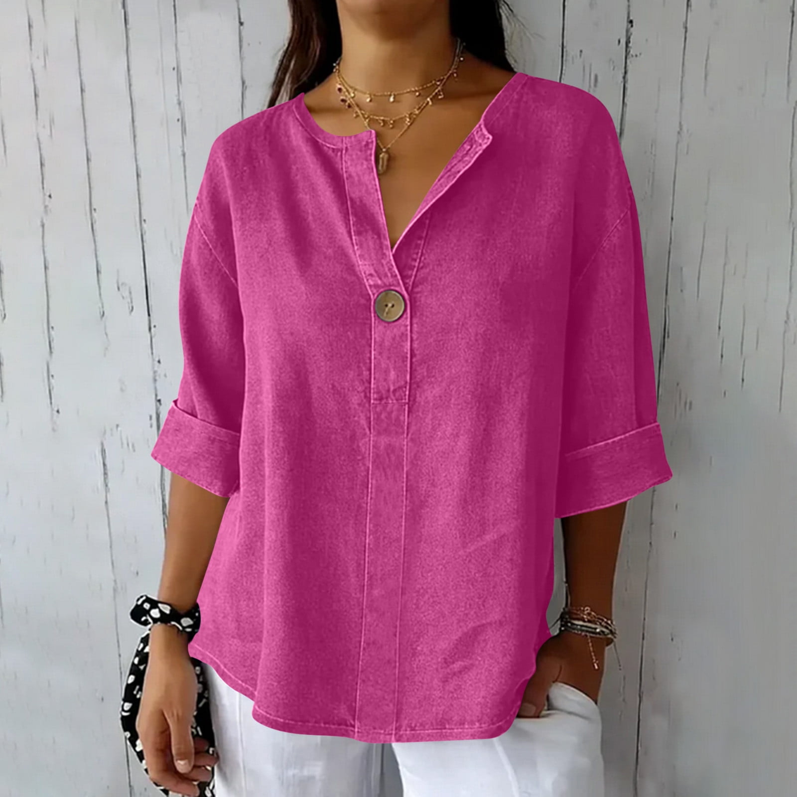 ClodeEU Women's V Neck Elbow Sleeve Loose Fit T-Shirt ,Solid Color ...
