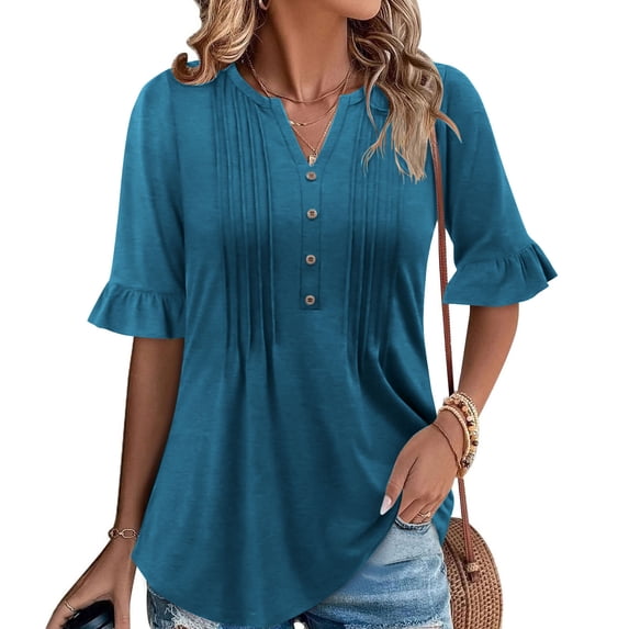 ClodeEU Women's V-Neck Elbow Sleeve Top ,Loose Fit Solid Color Blouse with Pleated Button Navy,Womens Plus M