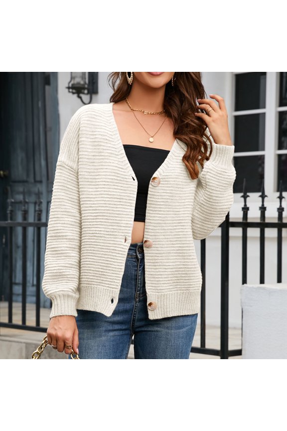 Women's V Neck Fall Winter Knit Sweate ,Long Sleeve Button Up Soft Knit Cardigan Sweaters Beige,Womens Plus M
