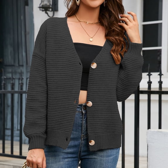 ClodeEU Women's V Neck Fall Winter Knit Sweate ,Long Sleeve Button Up Soft Knit Cardigan Sweaters Black,Womens Plus XL