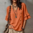 thumbnail image 1 of ClodeEU Women's V Neck Flared 3/4 Sleeve Blouse,Asymmetric Side Button Solid Color Casual Top Orange,Women's Plus M, 1 of 8