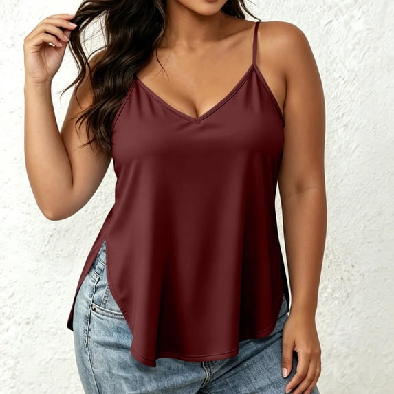 ClodeEU Women's V Neck Flowy Cami Top, Loose Fit Spaghetti Strap Tank Wine,Women's Plus XL