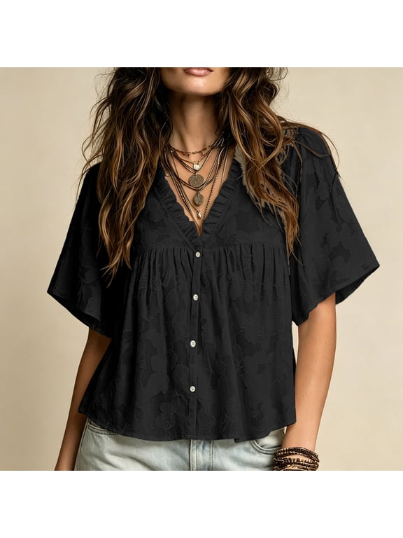 Women's V Neck Flutter Short Sleeve Babydoll Blouse,Casual Loose Peplum Summer Tunic Top Black,Women's Plus XXL
