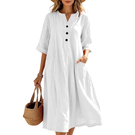 ClodeEU Women's V Neck Half Button 3/4 Sleeve Linen Cotton Midi Dress with Pockets,Casual Loose Dress White,Women's Plus M