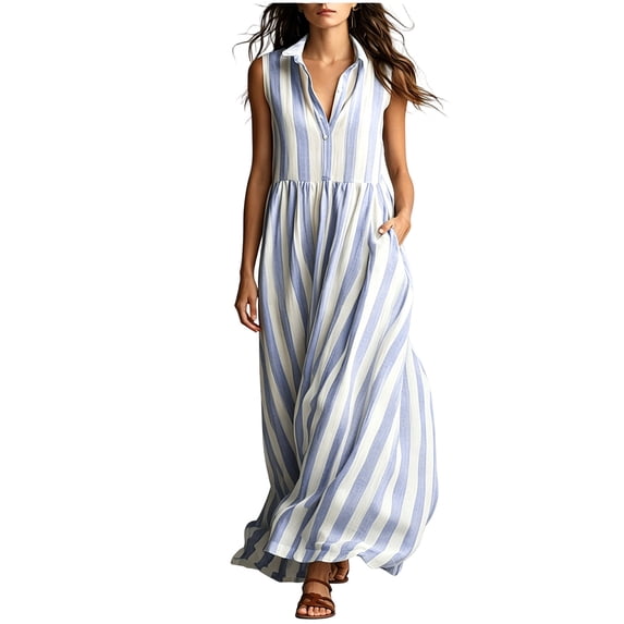 ClodeEU Women's V Neck Half Button Striped Sleeveless Maxi Dress with Pockets,Casual Loose A-Line Summer Swing Dress Gray,Women's Plus XXL