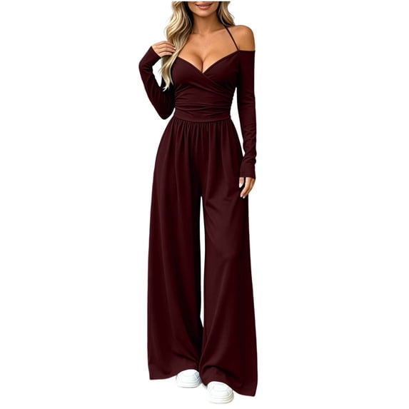 ClodeEU Women's V Neck Halter Tie Off Shoulder Long Sleeve Cinched Waist Wide Leg Jumpsuit ,Casual High Waist Fashion Romper ,Women's Plus S