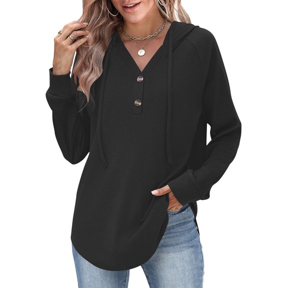 ClodeEU Women's V Neck Hooded Sweatshirt,Long Sleeve Button Down Shirts With Drawstring,Casual Slim Tops Black,Womens Plus XL