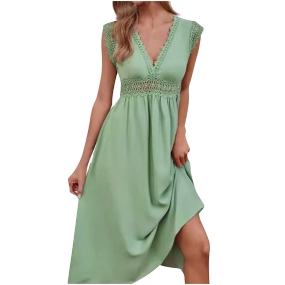 ClodeEU Women's V Neck Lace Cutout Short Sleeve Dress ,Patchwork Midi Dress for Spring Summer Green,Womens Plus M