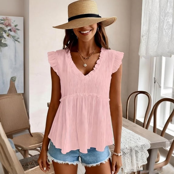 ClodeEU Women's V Neck Lace Embroidery Solid Color T-Shirt Ruffled Casual Shirt Pink,Womens Plus XXL