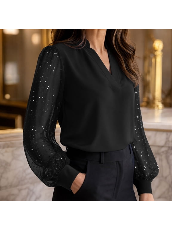 Women's V Neck Lace Long Puff Sleeve Chiffon Blouse,Elegant Solid Office Casual Dressy Top Black,Women's Plus XXL