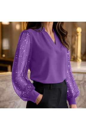 Women's V Neck Lace Long Puff Sleeve Chiffon Blouse,Elegant Solid Office Casual Dressy Top Purple,Women's Plus M