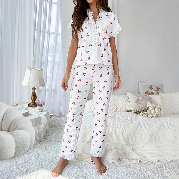 ClodeEU Women's V-Neck Lace Trim Cherry Print Pajama Set,Short Sleeve Button Top and Cropped Pants White,Womens Plus L