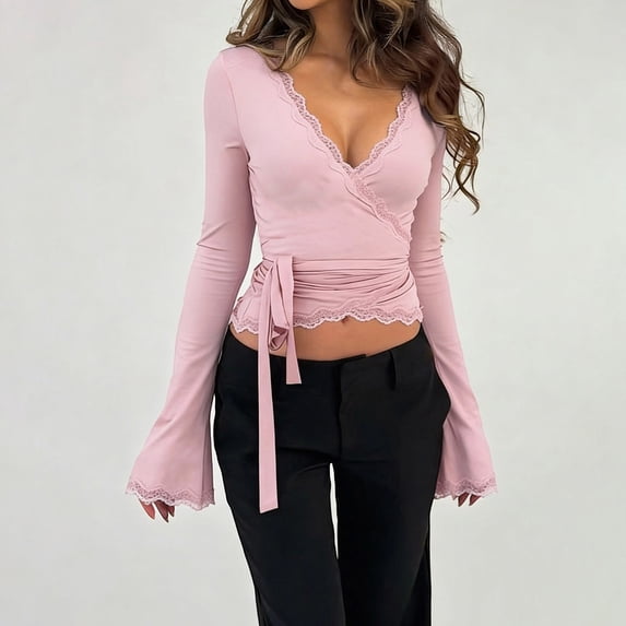 ClodeEU Women's V Neck Lace Trim Long Bell Sleeve Blouse With Tie Waist,Casual Slim Fit Elegant Top Pink,Women's Plus M