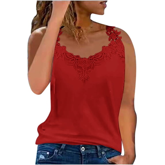 ClodeEU Women's V Neck Lace Trim Sleeveless Tank Top ,Casual Lightweight T Shirt Red,Womens Plus L