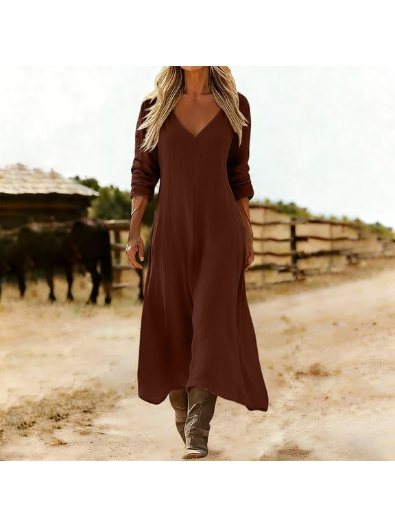 Women's V Neck Long Sleeve A Line Maxi Dress,Casual Loose Vacation Flowy Tunic Dress Coffee,Women's Plus XL