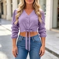 thumbnail image 1 of ClodeEU Women's V Neck Long Sleeve Button Down Bow Waist Crop Shirt Top, Casual Solid Color Blouse Purple,Women's Plus M, 1 of 7