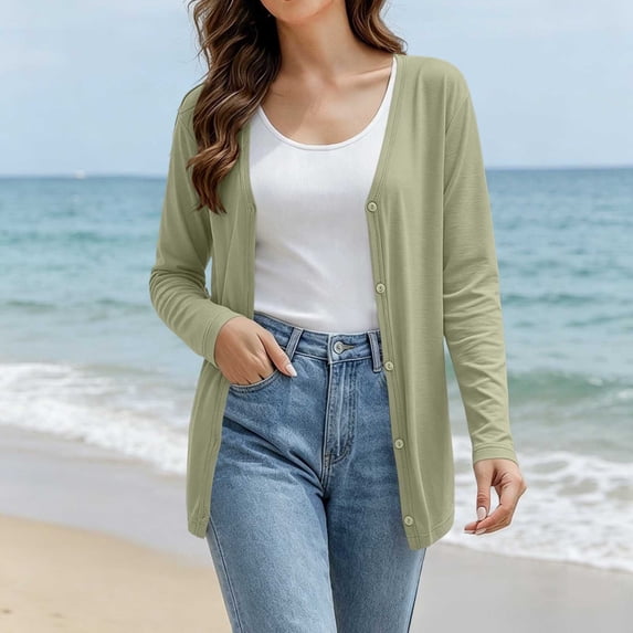 ClodeEU Women's V Neck Long Sleeve Button Down Knit Cardigan,Lightweight Breathable Sun Protection Top Green,Women's Plus M