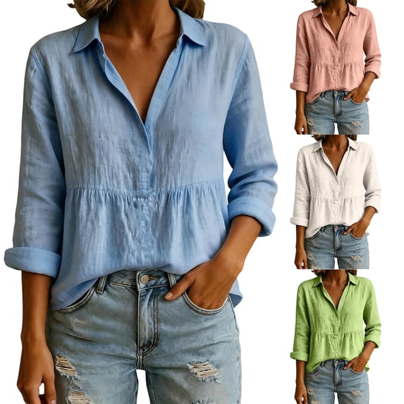 ClodeEU Women's V Neck Long Sleeve Peplum Blouse,Casual Solid Color Ruffle Hem Top B-Green,Women's Plus S
