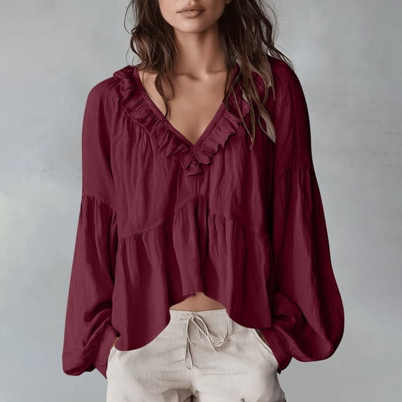 ClodeEU Women's V Neck Long Sleeve Ruffled Blouse,Casual Loose Fit Boho Tunic Shirt Red,Women's Plus S