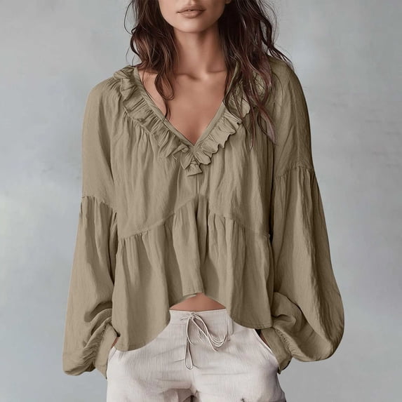 ClodeEU Women's V Neck Long Sleeve Ruffled Blouse,Casual Loose Fit Boho Tunic Shirt White,Women's Plus S