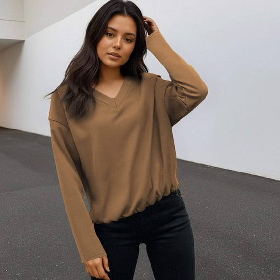 ClodeEU Women's V Neck Long Sleeve Sweatshirts , Hem With Loose Drawstring,Loose Casual Pullover Tops Khaki,Womens Plus XXL