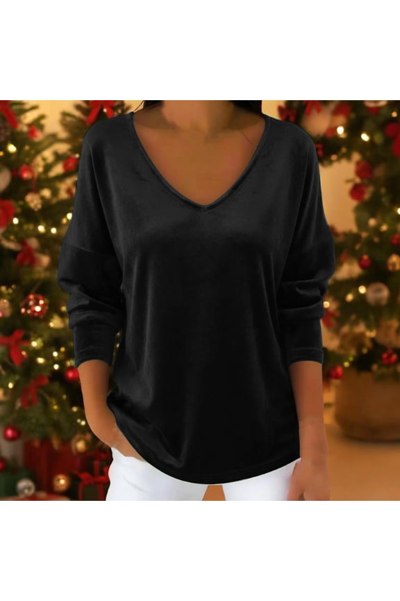 Women's V Neck Long Velvet Sleeve Tops ,Casual Fashions Basic Loose Fit Tunic T Shirts Black,Womens Plus S