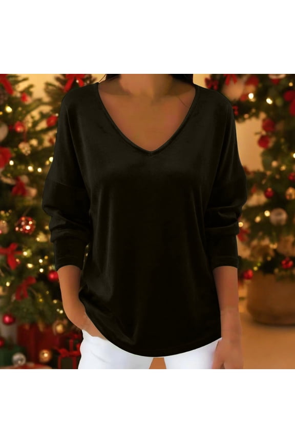 Women's V Neck Long Velvet Sleeve Tops ,Casual Fashions Basic Loose Fit Tunic T Shirts Brown,Womens Plus S