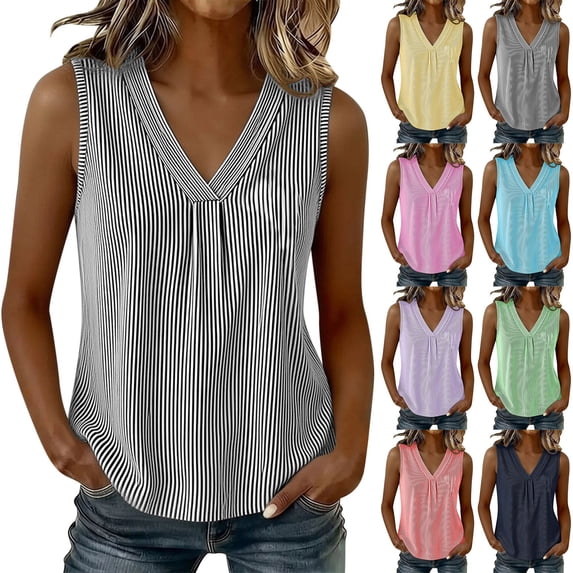 ClodeEU Women's V Neck Pleated Sleeveless Tank Top, Casual Loose Fit Blouse Navy,Women's Plus XXL