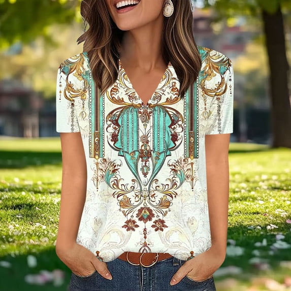 ClodeEU Women's V Neck Printed Short Sleeve Shirt,Loose Fit Casual Top with Button Blue,Womens Plus XXL