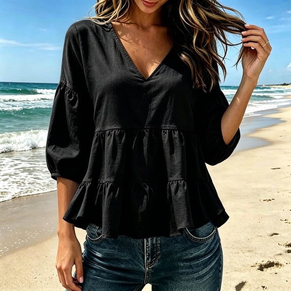 ClodeEU Women's V Neck Puff 3/4 Sleeve Tiered Ruffle Peplum Blouse,Loose Solid Babydoll Casual Top Black,Women's Plus L