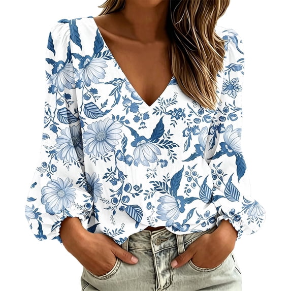 ClodeEU Women's V Neck Puff Long Sleeve Floral Print Blouses,Casual Loose Pullover Tops ,Women's Plus XL