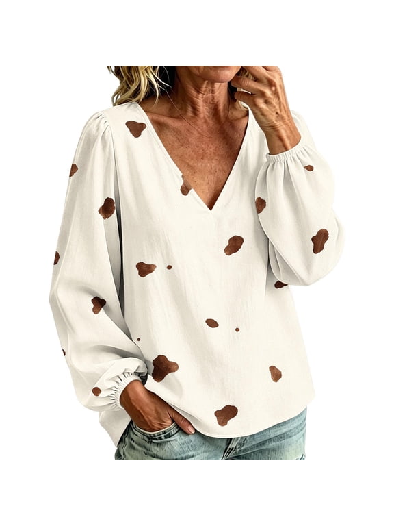 Women's V Neck Puff Long Sleeve Print Blouses,Casual Loose Pullover Tops ,Women's Plus XXL