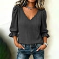 thumbnail image 1 of ClodeEU Women's V Neck Puff Ruffle Cuff 3/4 Sleeve Blouse,Casual Solid Loose Textured Top Black,Women's Plus L, 1 of 5