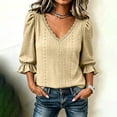 thumbnail image 1 of ClodeEU Women's V Neck Puff Ruffle Cuff 3/4 Sleeve Blouse,Casual Solid Loose Textured Top Yellow,Women's Plus M, 1 of 5