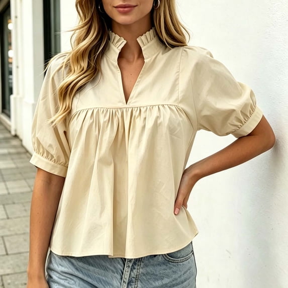 ClodeEU Women's V Neck Puff Short Sleeve Pleated Blouse,Casual Loose Swing Tunic Top Beige,Women's Plus L