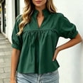 thumbnail image 1 of ClodeEU Women's V Neck Puff Short Sleeve Pleated Blouse,Casual Loose Swing Tunic Top Green,Women's Plus S, 1 of 6