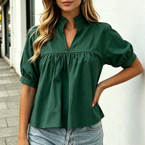 ClodeEU Women's V Neck Puff Short Sleeve Pleated Blouse,Casual Loose Swing Tunic Top Green,Women's Plus S