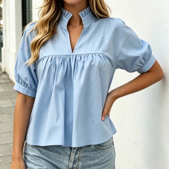 ClodeEU Women's V Neck Puff Short Sleeve Pleated Blouse,Casual Loose Swing Tunic Top Light Blue,Women's Plus M