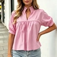thumbnail image 1 of ClodeEU Women's V Neck Puff Short Sleeve Pleated Blouse,Casual Loose Swing Tunic Top Pink,Women's Plus M, 1 of 6