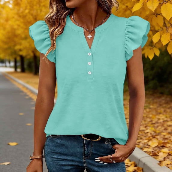 ClodeEU Women’s V Neck Puff Short Sleeve T Shirt with Button ,Casual Solid Color Top Mint Green,Women's Plus L