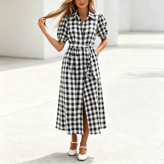 ClodeEU Women's V Neck Puff Sleeve Plaid Midi Dress,Casual A Line Dress with Front Slit and Pockets Black,Women's Plus L