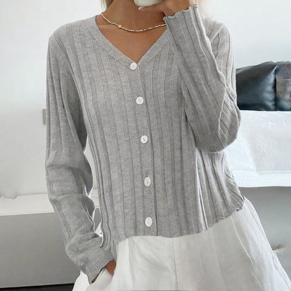 ClodeEU Women's V Neck Ribbed Knit Cardigan,Long Sleeve Button Up Cropped Knitwear,Loose Solid Fit Basic Tops Gray,Womens Plus S